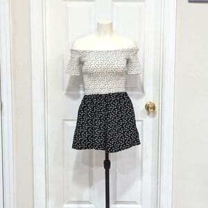 Women's S Dress Romper Strapless White top Black bottom 